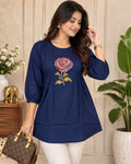 Navy blue rose embroidered flared kurti for women