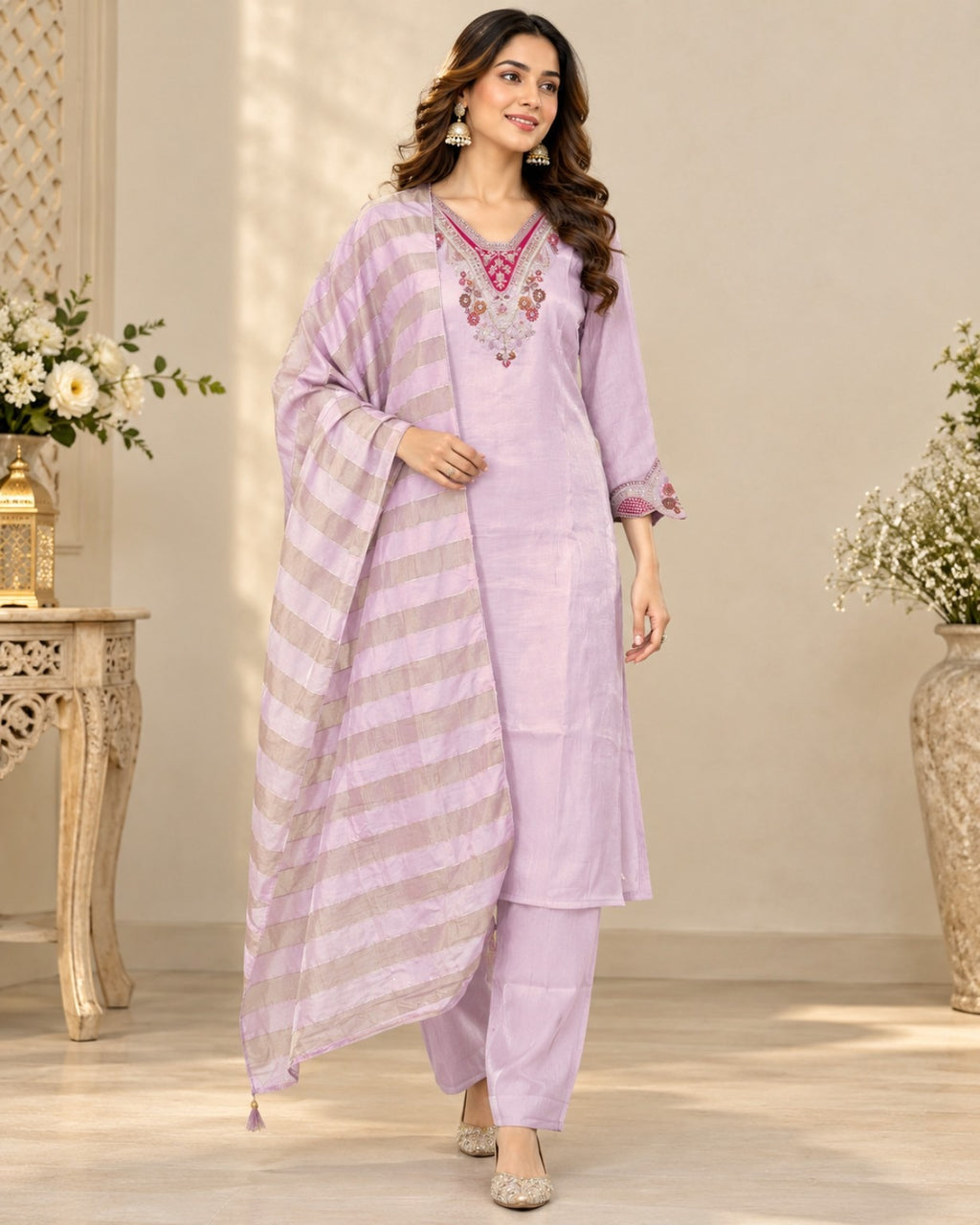 Lavender Embroidered 3-Piece Suit Set for Women with Striped Dupatta