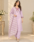 Lavender Embroidered 3-Piece Suit Set for Women with Striped Dupatta
