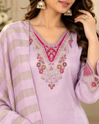 Lavender Embroidered 3-Piece Suit Set for Women with Striped Dupatta