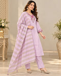 Lavender Embroidered 3-Piece Suit Set for Women with Striped Dupatta