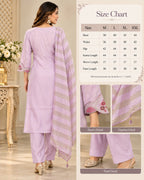 Lavender Embroidered 3-Piece Suit Set for Women with Striped Dupatta