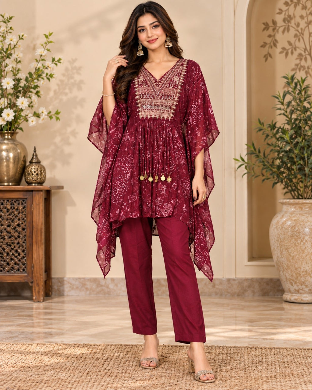 Maroon Printed Anarkali 3-Piece Suit Set for Women with Embroidered Front