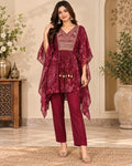 Maroon Printed Anarkali 3-Piece Suit Set for Women with Embroidered Front