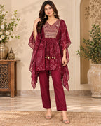 Maroon Printed Anarkali 3-Piece Suit Set for Women with Embroidered Front