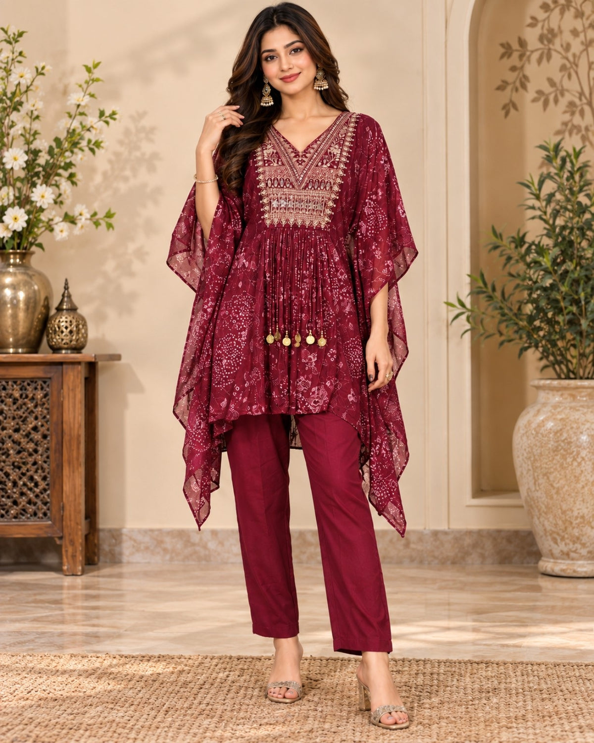Maroon Printed Anarkali 3-Piece Suit Set for Women with Embroidered Front