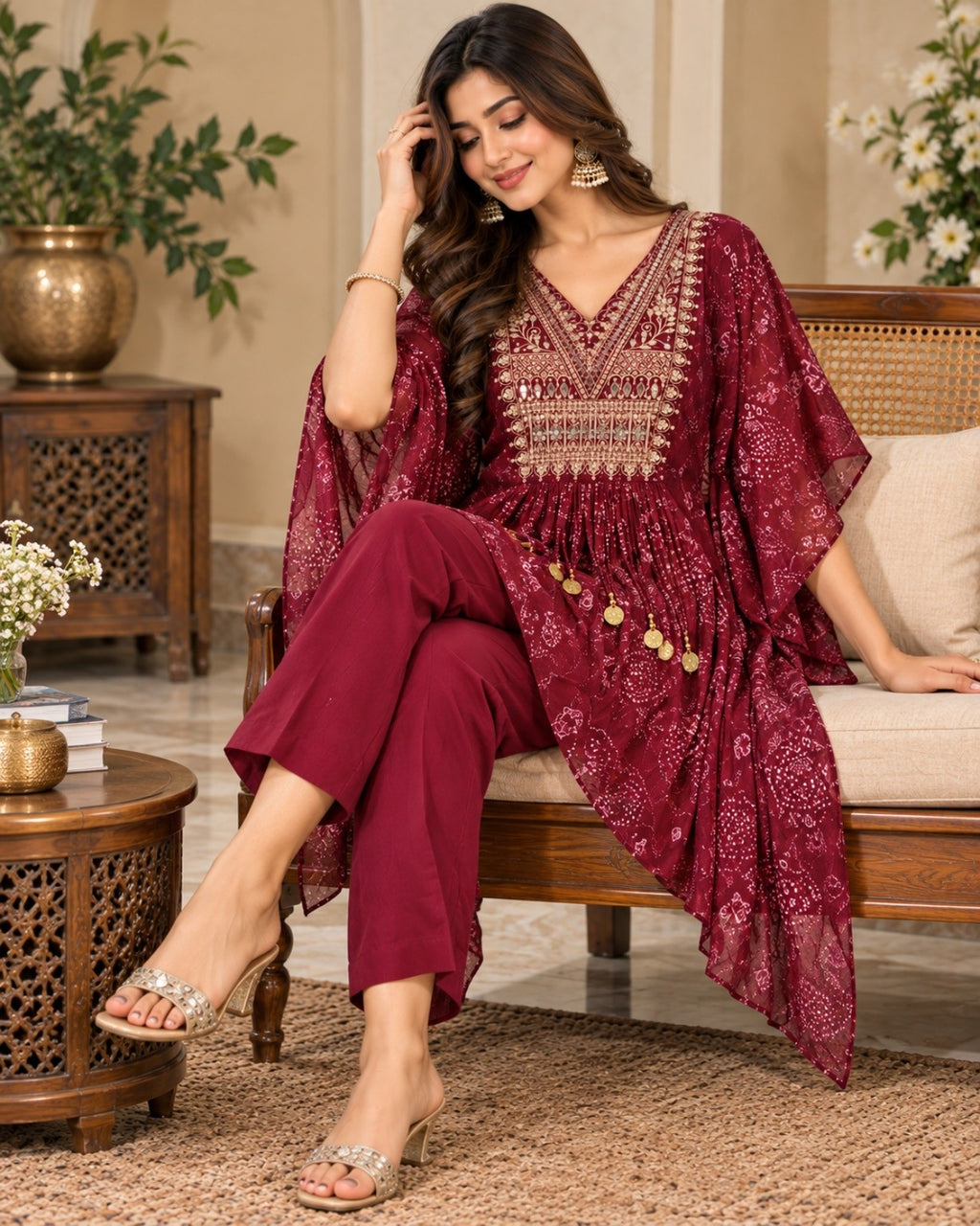 Maroon Printed Anarkali 3-Piece Suit Set for Women Side View
