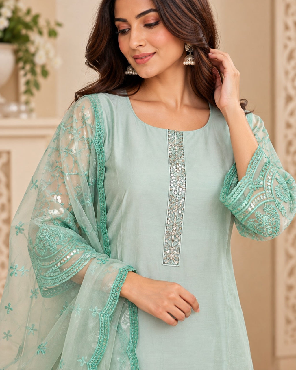 Mint Green Embroidered 3-Piece Suit Set for Women with Lace Dupatta