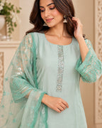 Mint Green Embroidered 3-Piece Suit Set for Women with Lace Dupatta