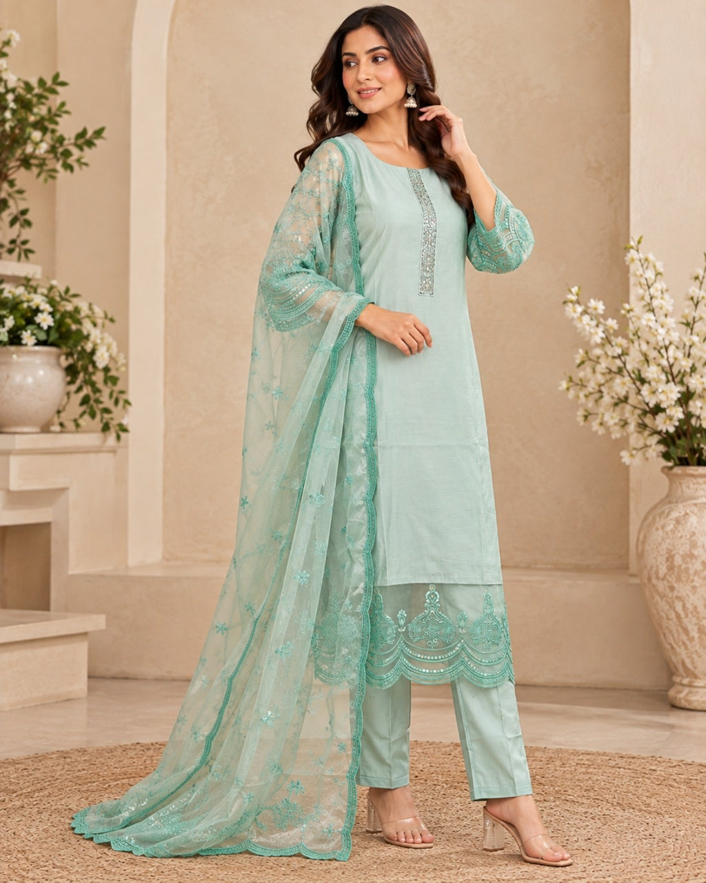 Mint Green Embroidered 3-Piece Suit Set for Women with Lace Dupatta