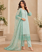 Mint Green Embroidered 3-Piece Suit Set for Women with Lace Dupatta