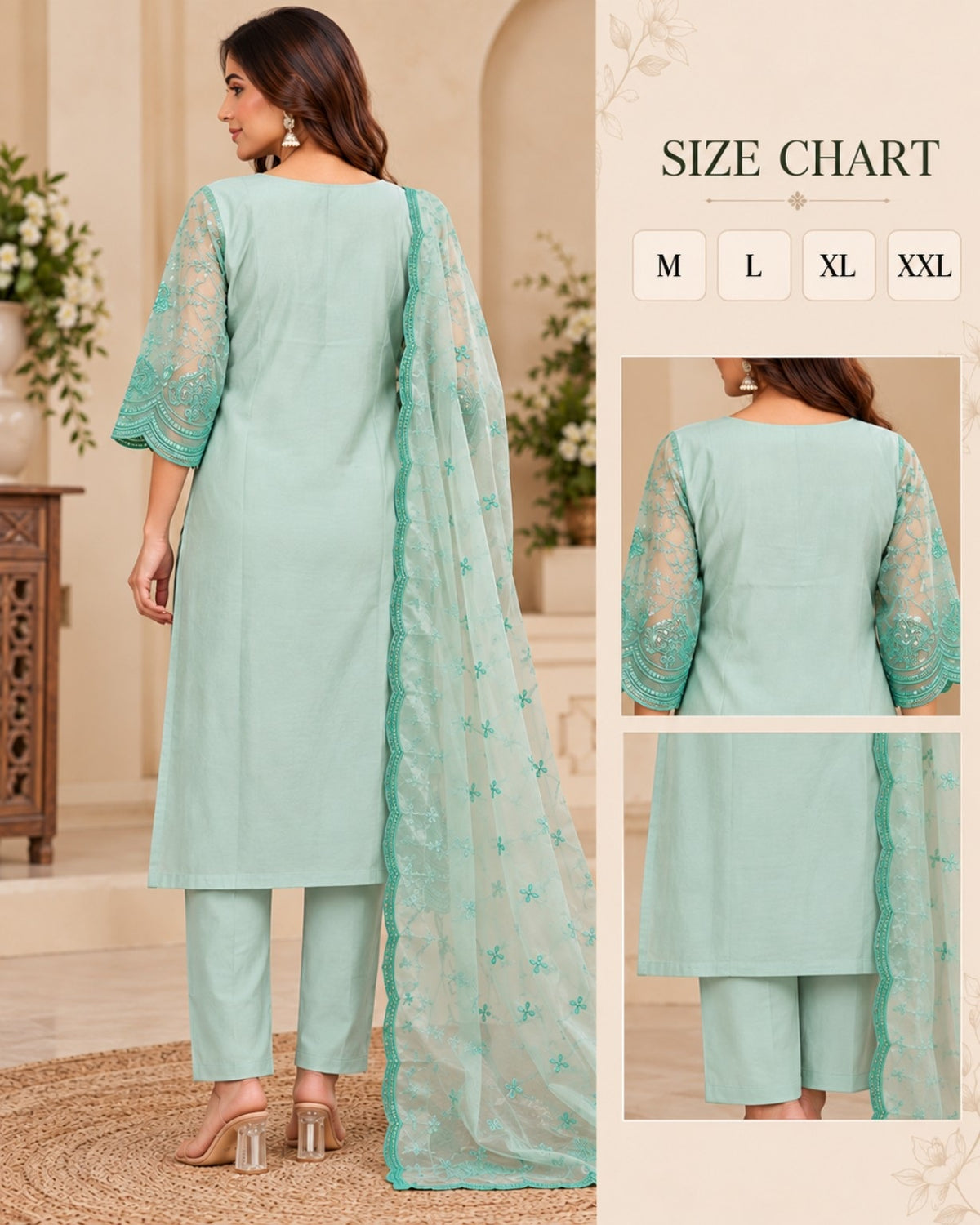 Mint Green Embroidered 3-Piece Suit Set for Women with Lace Dupatta