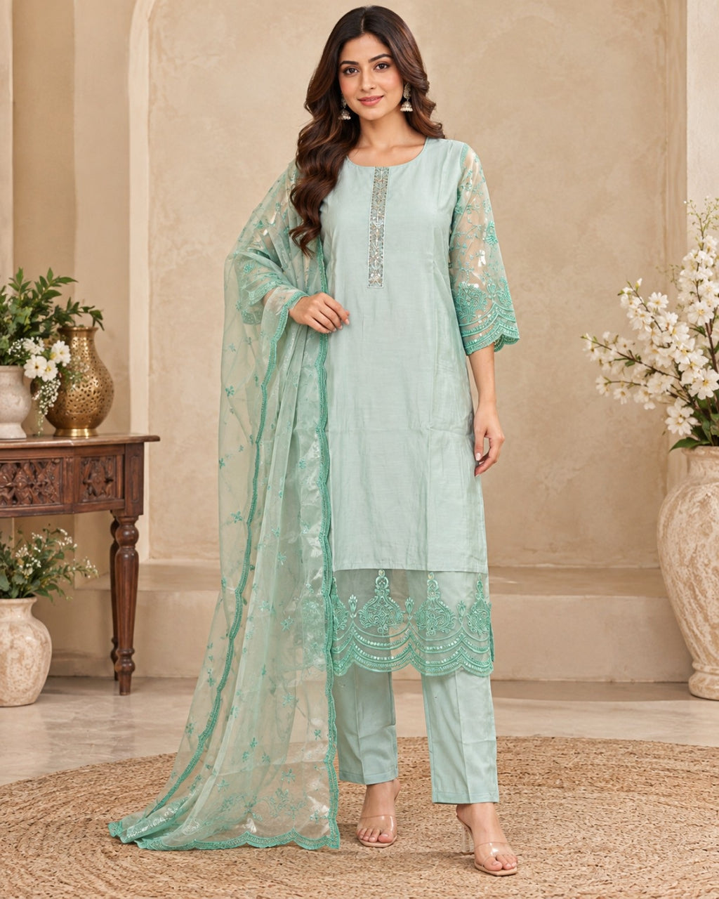 Mint Green Embroidered 3-Piece Suit Set for Women with Lace Dupatta
