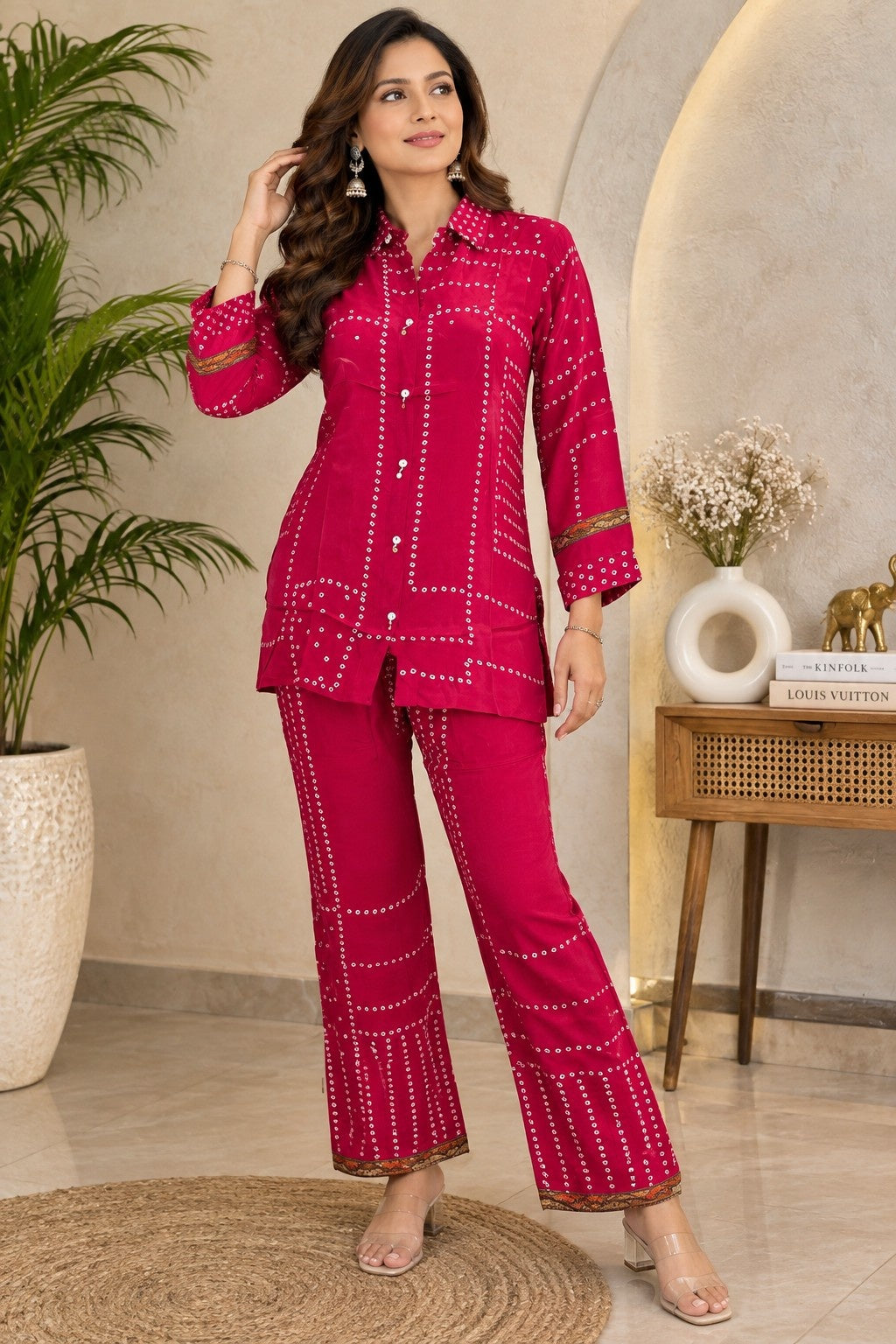Premium pink geometric printed co-ord set for women