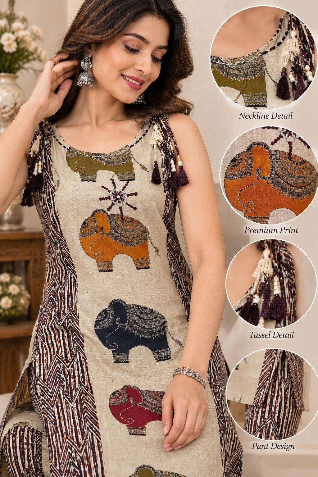 Beige printed kurta with matching straight pants and coordinated dupatta