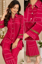 Pink printed co-ord set with 3/4 sleeves and matching straight-leg pants