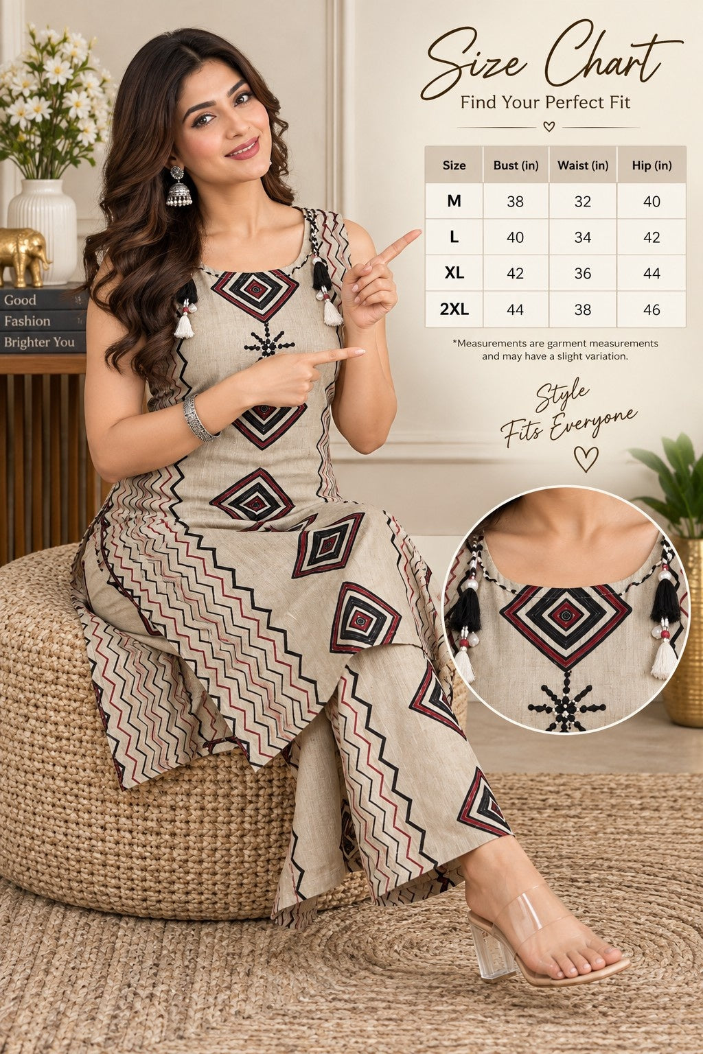 Beige printed kurta with matching straight-fit pants and tassel detailing