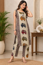 Beige sleeveless kurta with traditional elephant print and tassel neckline