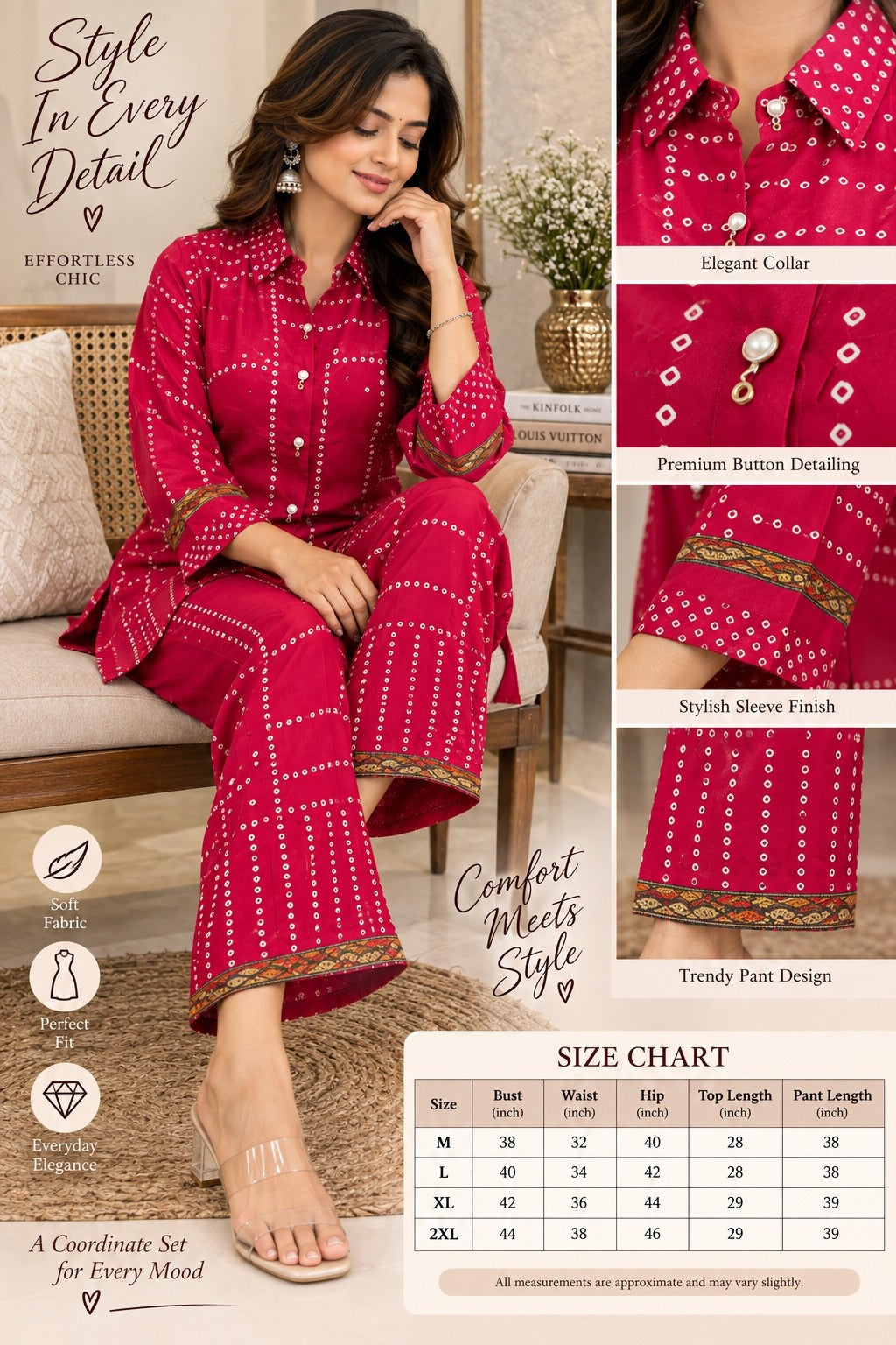 Premium pink ethnic co-ord set with geometric print and contrast border detailing