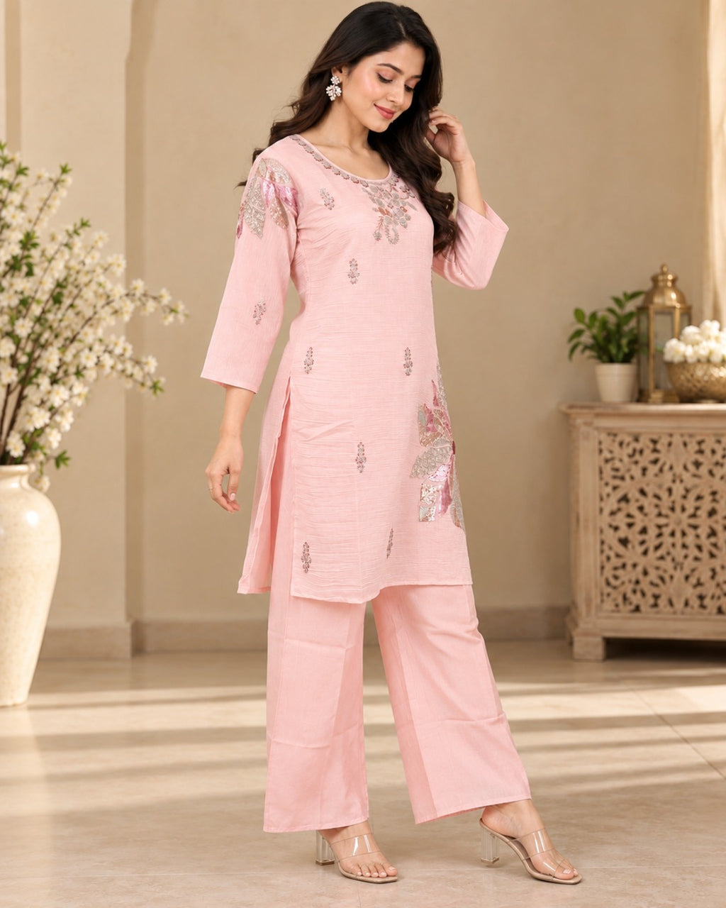Blush Pink Embroidered Kurta Pant Set for Women