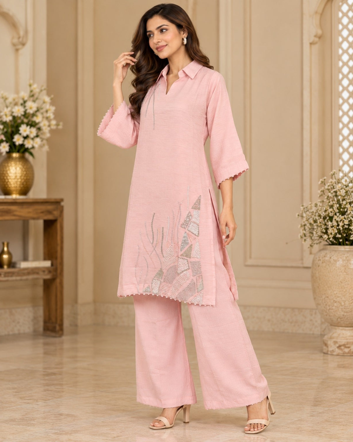Light Pink Embroidered Kurta Pant Set for Women