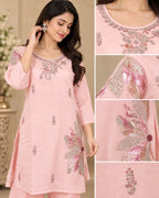 Blush Pink Embroidered Kurta Pant Set for Women