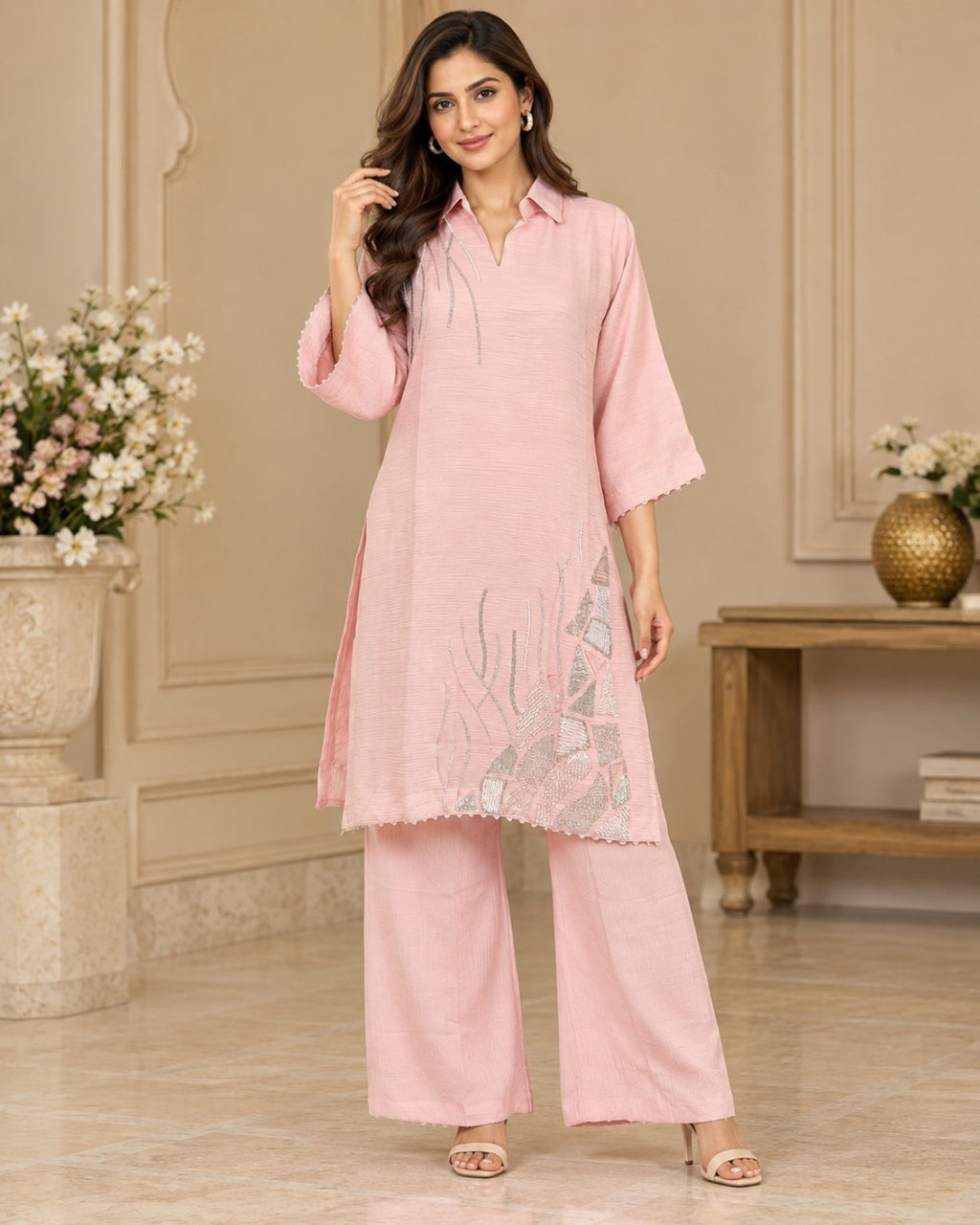 Light Pink Embroidered Kurta Pant Set for Women