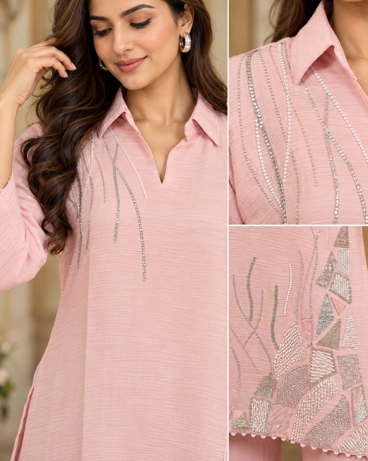 Light Pink Embroidered Kurta Pant Set for Women