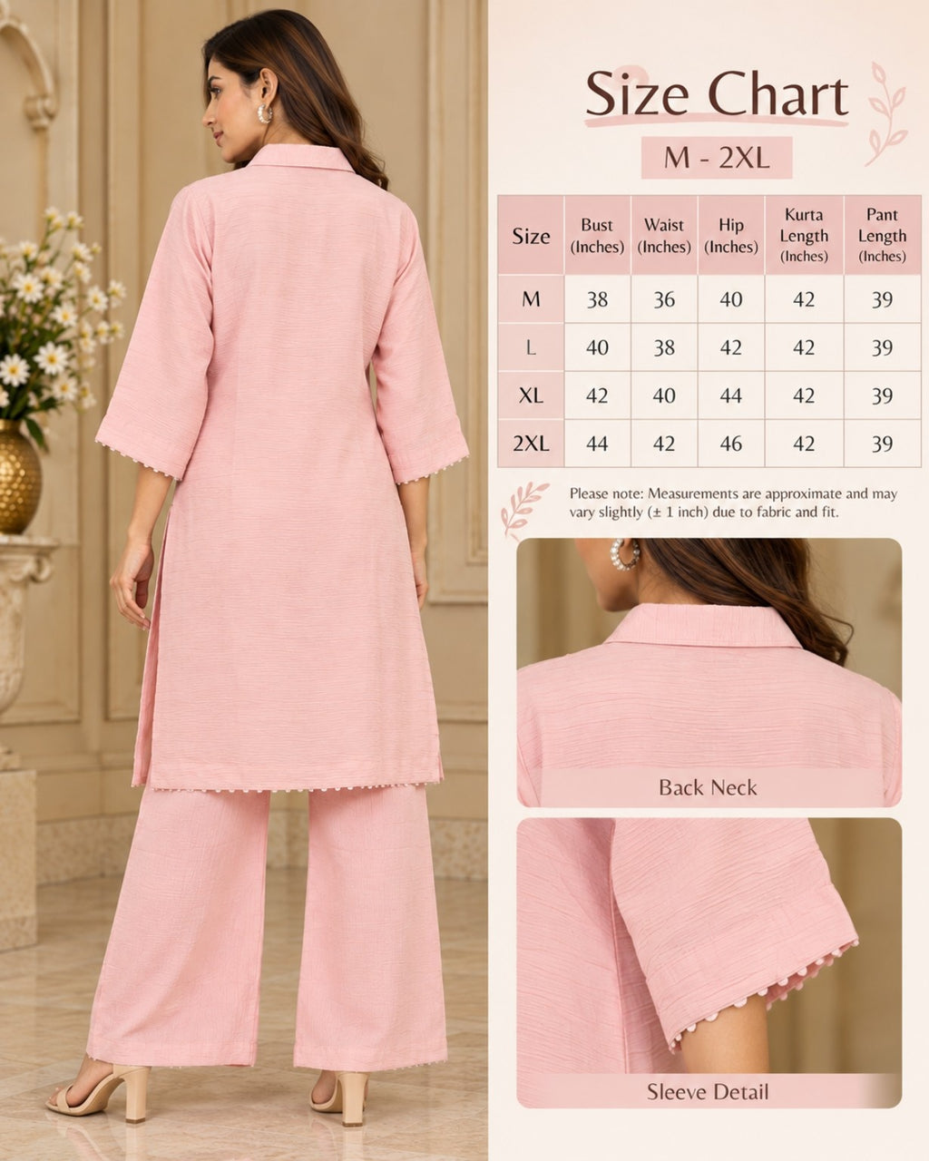 Light Pink Embroidered Kurta Pant Set for Women