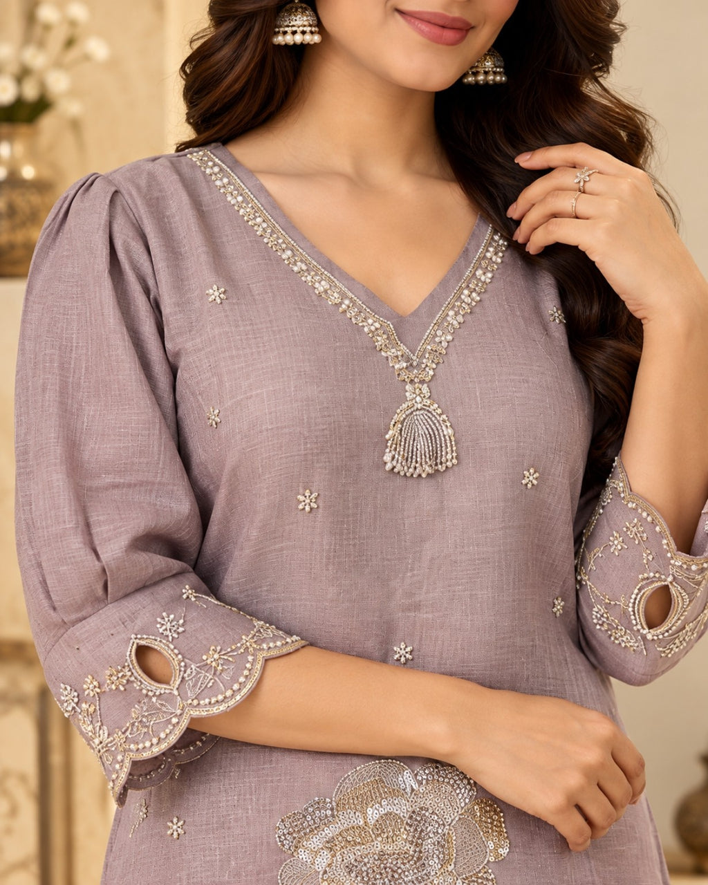 Mauve Purple Embroidered Kurta Pant Set for Women