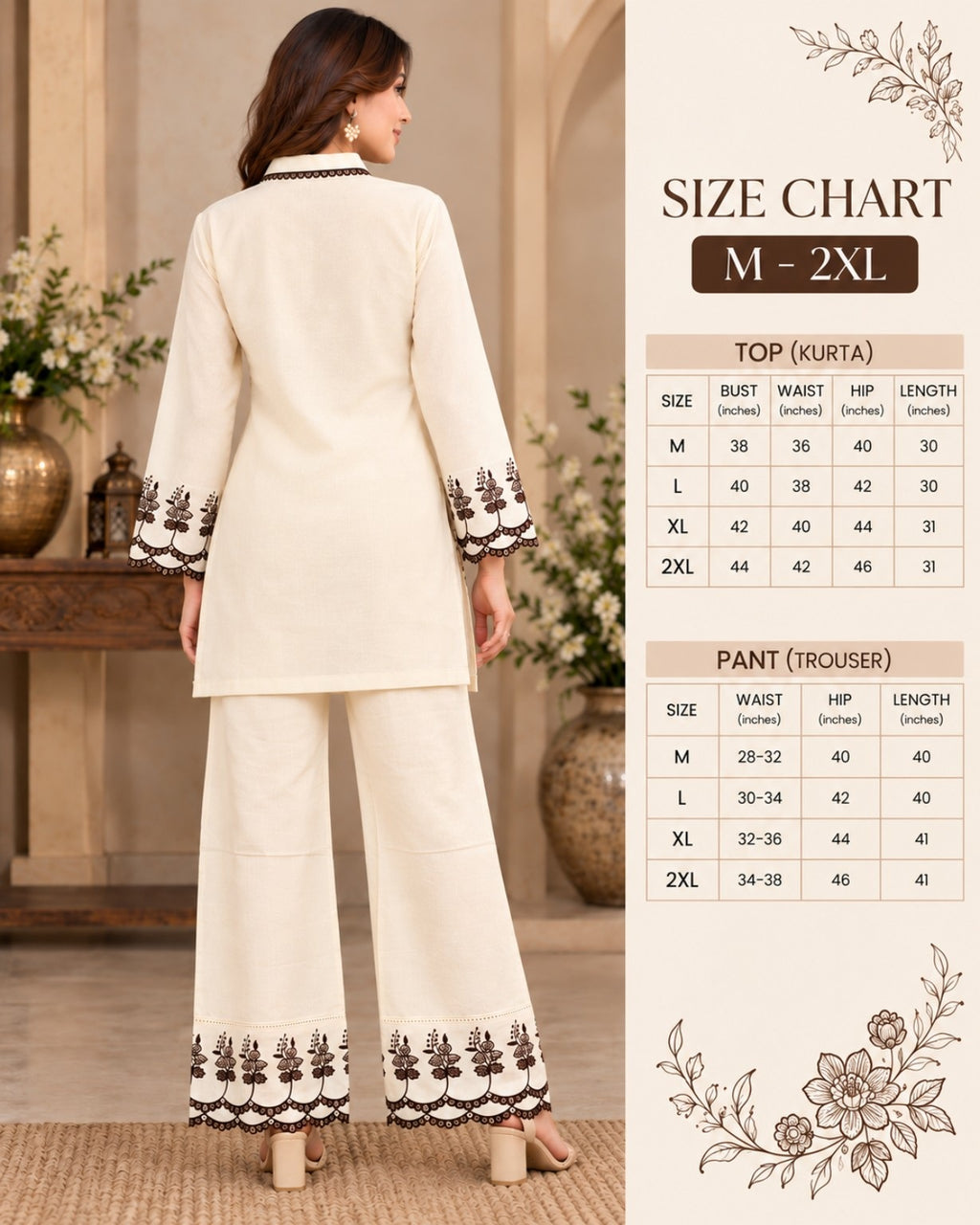 Cream Embroidered Shirt Style Kurta Pant Co-Ord Set for Women