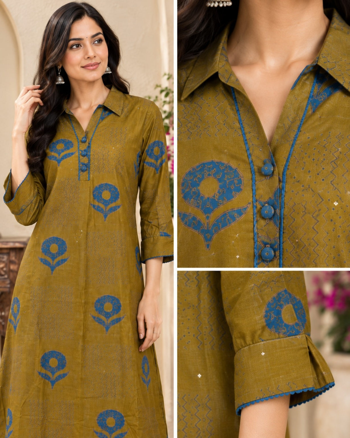 Olive Green Printed Kurta Pant Set for Women
