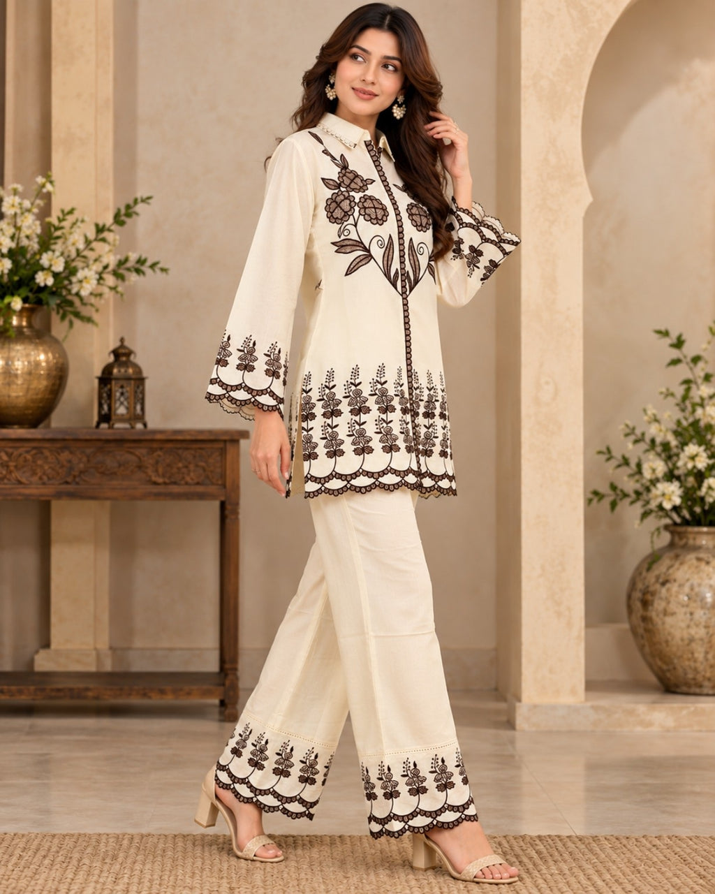 Cream Embroidered Shirt Style Kurta Pant Co-Ord Set for Women