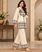 Cream Embroidered Shirt Style Kurta Pant Co-Ord Set for Women