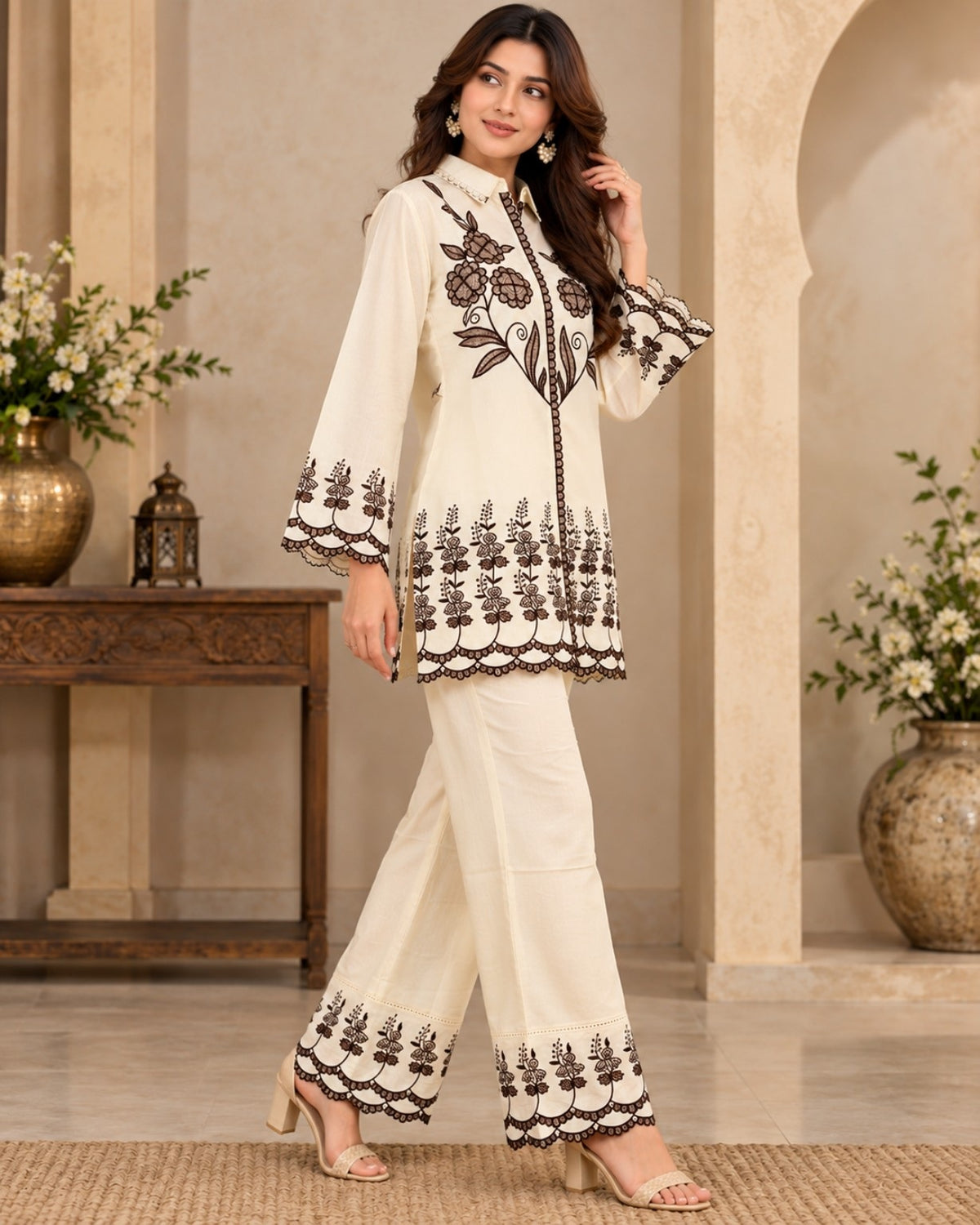 Cream Embroidered Shirt Style Kurta Pant Co-Ord Set for Women