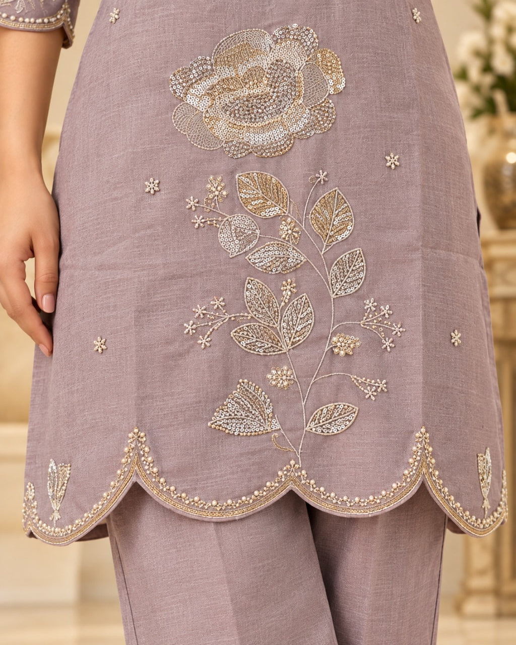 Mauve Purple Embroidered Kurta Pant Set for Women