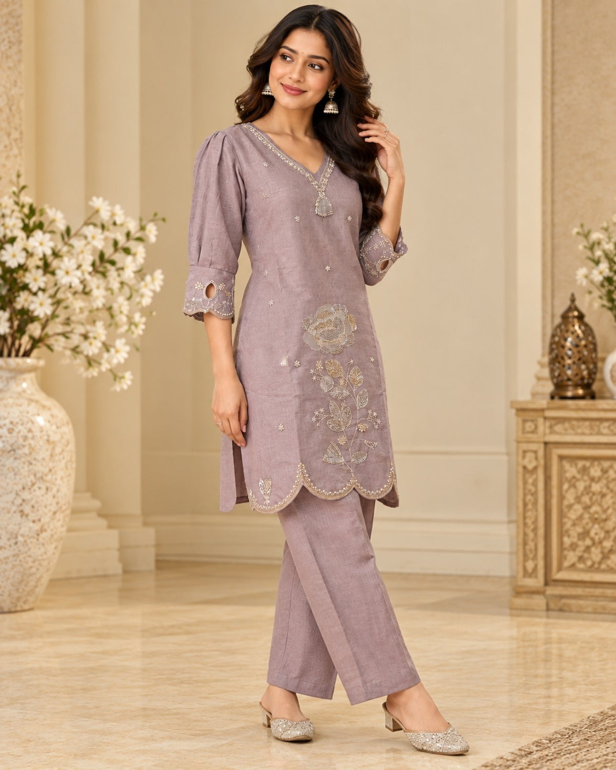 Mauve Purple Embroidered Kurta Pant Set for Women