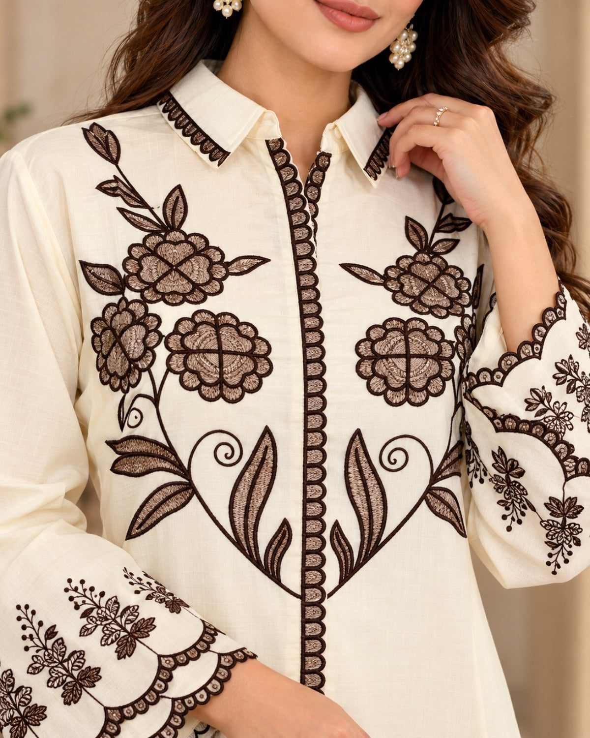 Cream Embroidered Shirt Style Kurta Pant Co-Ord Set for Women
