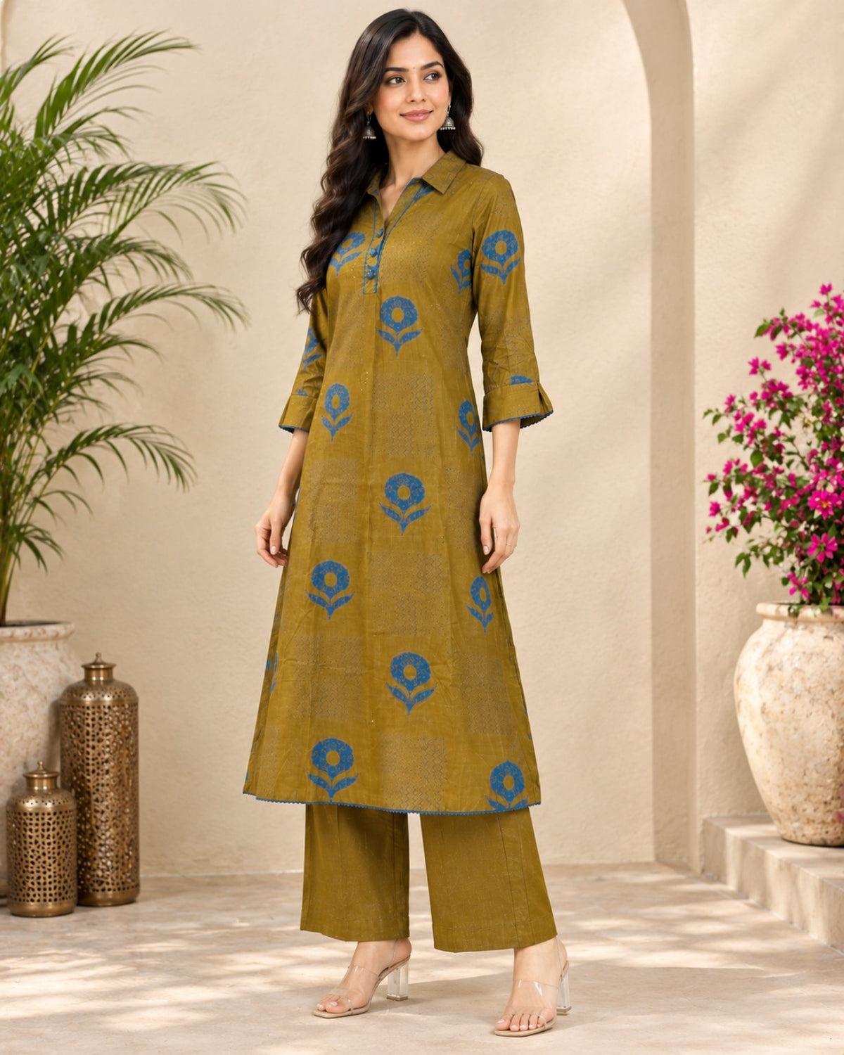 Olive Green Printed Kurta Pant Set for Women