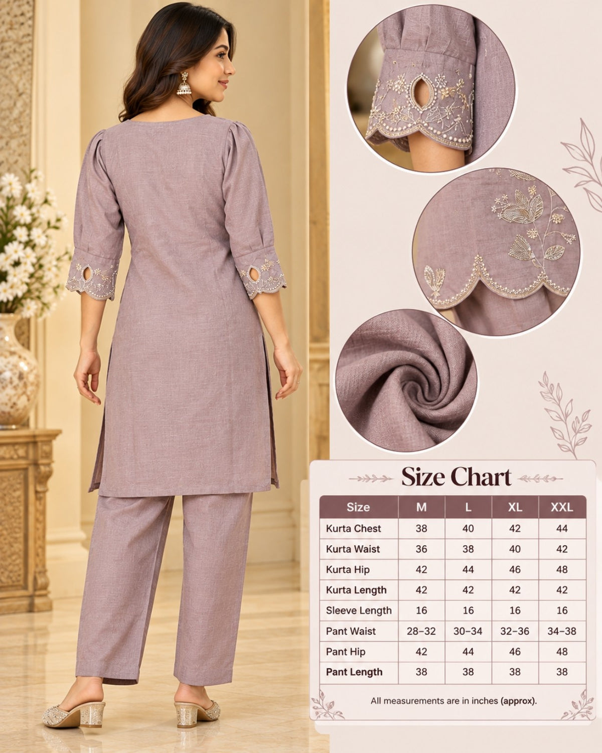 Mauve Purple Embroidered Kurta Pant Set for Women