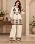 Cream Embroidered Shirt Style Kurta Pant Co-Ord Set for Women