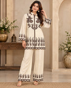 Cream Embroidered Shirt Style Kurta Pant Co-Ord Set for Women