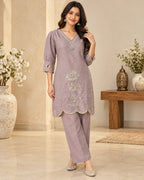 Mauve Purple Embroidered Kurta Pant Set for Women