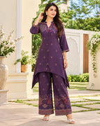 Purple, Brown, Black & Maroon Printed High-Low Kurta Palazzo Set for Women