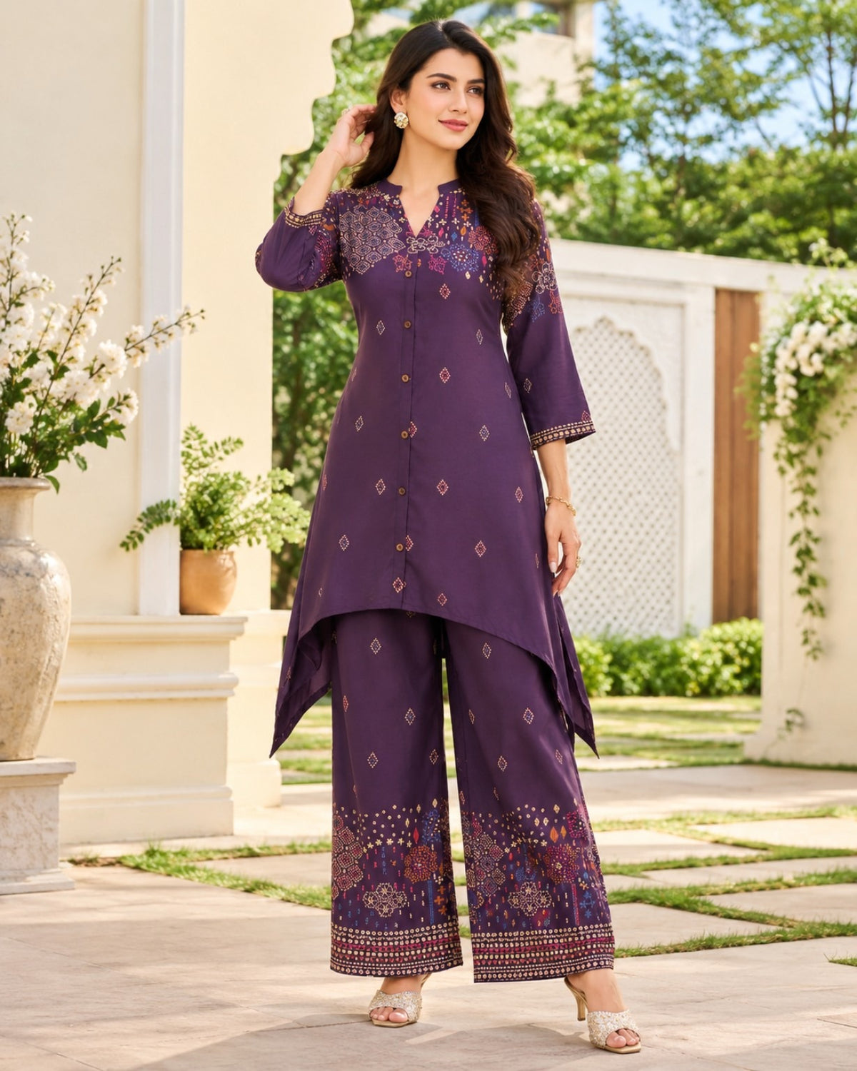 Purple, Brown, Black & Maroon Printed High-Low Kurta Palazzo Set for Women