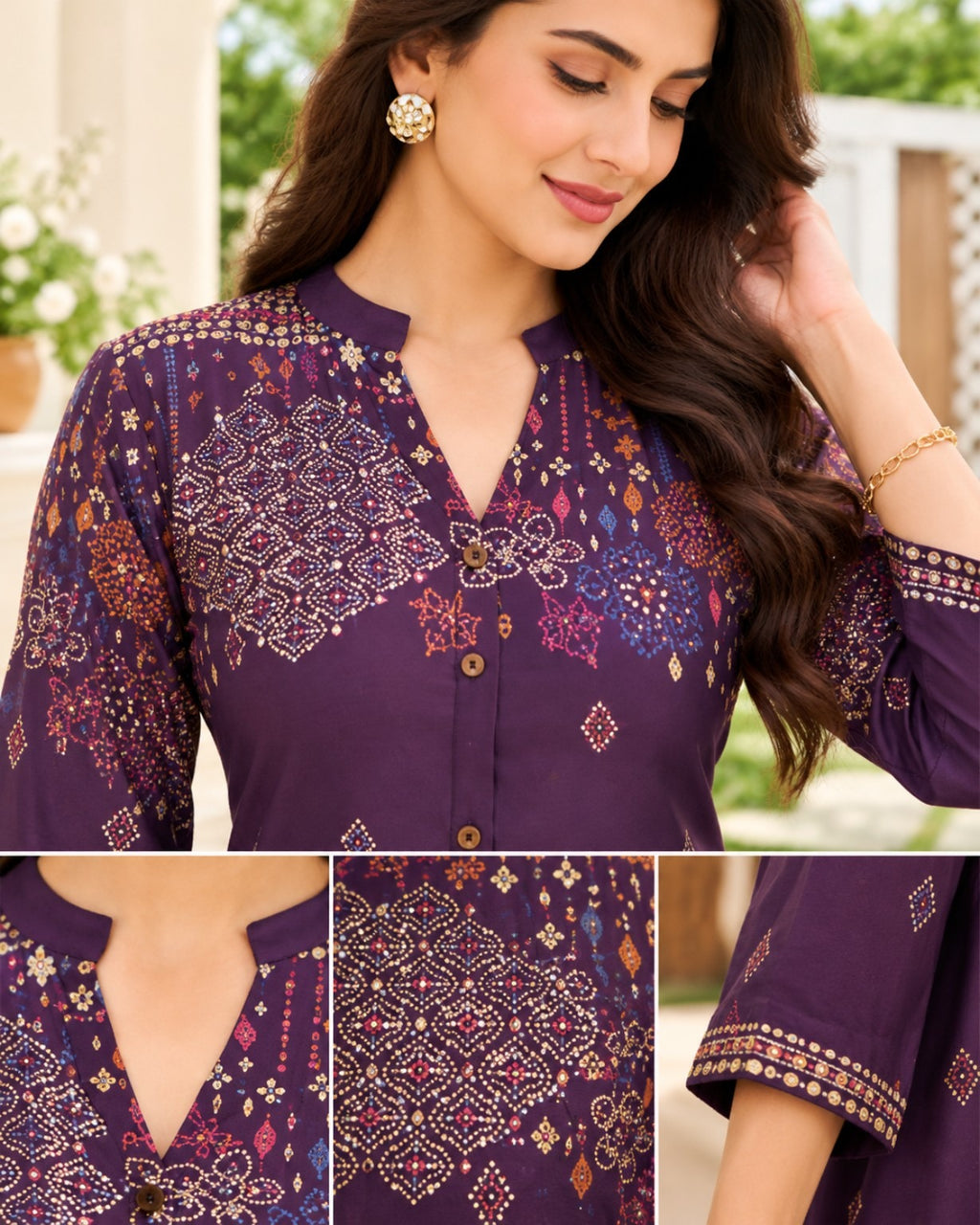 Purple, Brown, Black & Maroon Printed High-Low Kurta Palazzo Set for Women