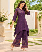 Purple, Brown, Black & Maroon Printed High-Low Kurta Palazzo Set for Women