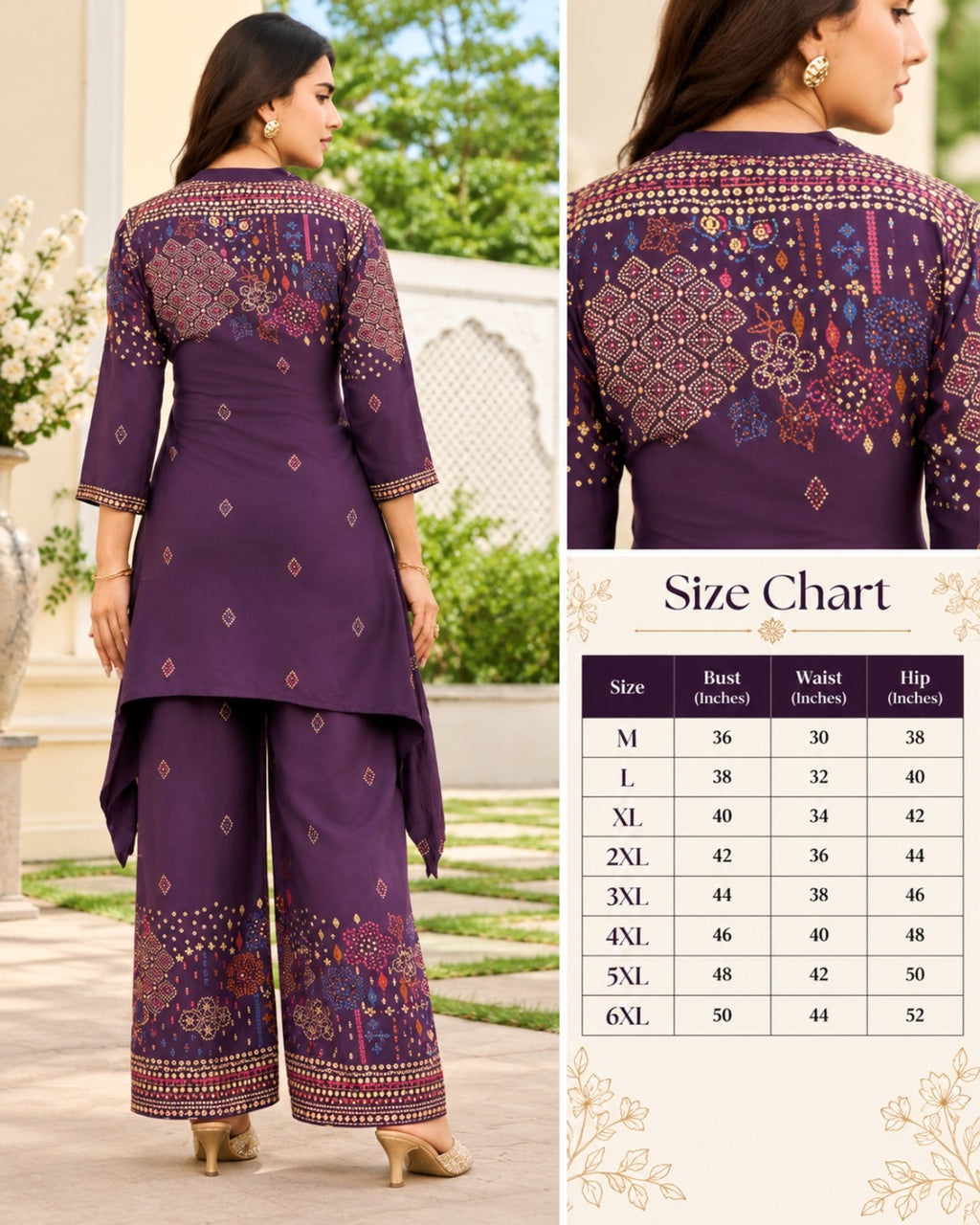 Purple, Brown, Black & Maroon Printed High-Low Kurta Palazzo Set for Women