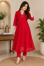 Red embellished Anarkali kurta pant set for women