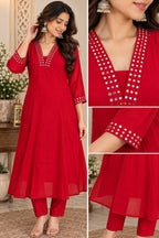 Red flared Anarkali kurta with white embellished V-neck detailing